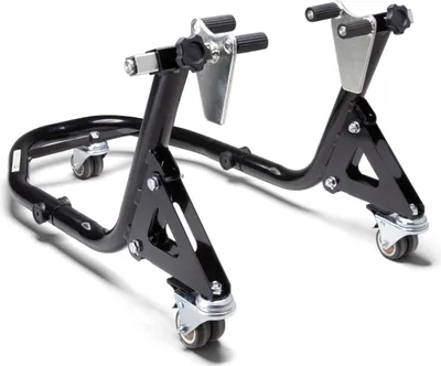 A black motorcycle stand with wheels is shown against a white background.