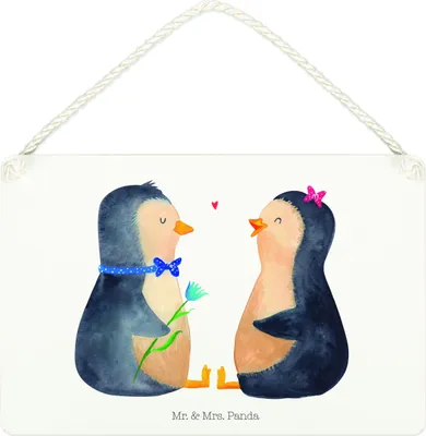 Produktbild von Mr. & Mrs. Panda Schild Pinguin Pärchen DIN A4 - Weiß - Geschenk, Liebe, Hochzeitstag, Hochzeit, Türschild, Hochzeitsgeschenk, Pinguine, Deko Wandbild, Verknallt