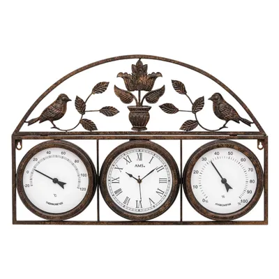 A decorative wall clock with integrated thermometer and hygrometer, featuring a metal frame with an antique finish, adorned with birds and floral motifs.