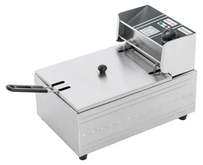 Obrázek produktu pro Elektrická fritovací pec pro gastronomii – průmyslová fritovací pec – objem 6 litrů – výkon 2500 W – regulace teploty 60–200 °C – nerezová ocel – s víkem – bílá barva