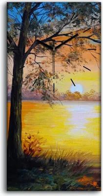 Produktbild von Wanduhr Uhr Wandbild Leinwand 30x60 Bild Landschafts Baum am See malen - schwarze Hände