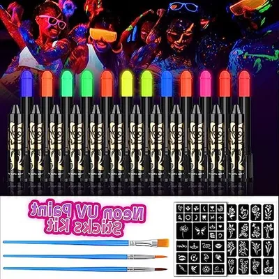 Productafbeelding van Gezichtsverf Set - Bodypaint Kleuren - Feestelijke Make-up - UV Licht Reagerend - 12 Stuks - Neon Kleuren