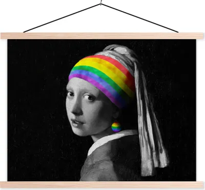 Produktbild von MuchoWow® Textilposter Das Mädchen mit dem Perlenohrring - Vermeer 150x113 cm mit holzfarbenen Rahmen - Poster