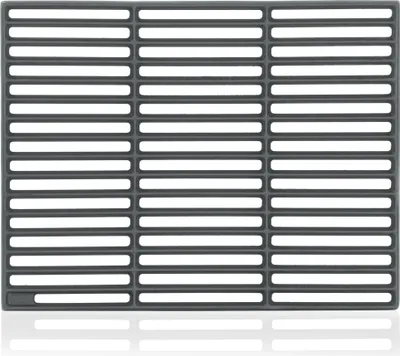 A close-up, top-down view of a dark gray cast iron grill grate with horizontal slats.