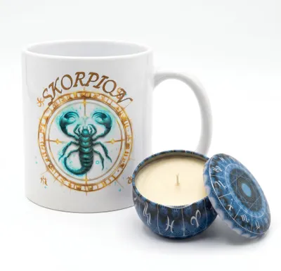 Produktbild von Sternzeichen Zodiac Kaffeetasse Teetasse Tasse 325 ml plus Sojawachs Kerze 80g - Skorpion
