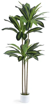 Image de Faux dragonnier de 160 cm – Arbre artificiel dans un pot blanc, plante décorative réaliste, grand format pour le salon ou le bureau, palmier artificiel facile d'entretien, plante d'intérieur