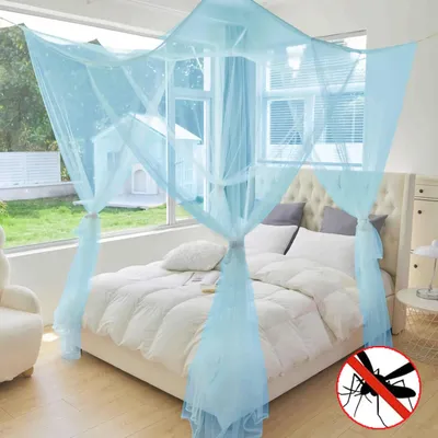 Image de Moustiquaire pour lit double, intérieur/extérieur, 4 ouvertures latérales, kit de suspension pour ciel de lit, protection anti-moustiques 210 x 190 x 240 cm, bleu