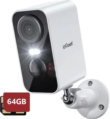 A white ieGeek security camera with a 64GB SD card shown in the foreground.