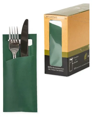 Produktbild von Bestecktasche Prime Fit in Dunkelgrün 85 x 190 mm, mit 2-lagiger Tissue-Serviette in Weiß -100 Stück