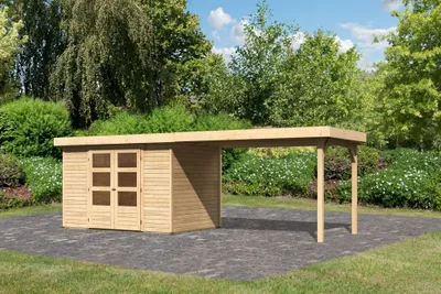 Produktbild von Karibu Gartenhaus Gerätehaus Askola 4 im Set mit Anbaudach 2,80 m Breite naturbelassen 557x217x211 cm