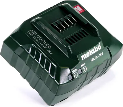 A dark green Metabo battery charger is shown against a white background.
