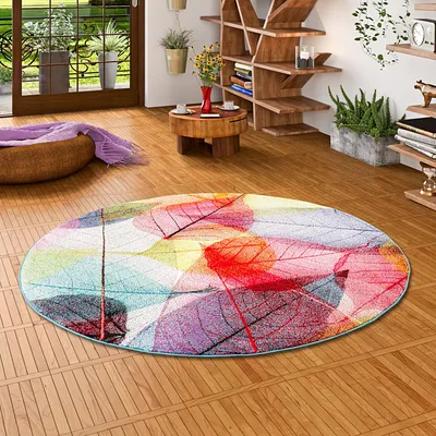 Produktbild von Designer Teppich Faro Tropical Bunte Blätter Rund, Größe:200 cm Rund