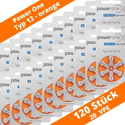 Produktbild von 120 x Power One Typ P13 PR48 Hörgerätebatterien 13 Orange 1,45V Zink Luft Powerone