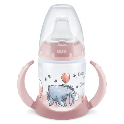 Zdjęcie produktu dla NUK 10215353 Butelka do nauki picia First Choice+, 6–18 miesięcy, 150 ml, z zaworem przeciwkolkowym i wskaźnikiem temperatury, szczelna, z ergonomicznymi uchwytami, bez , Disney Kubuś Puchatek – różowa