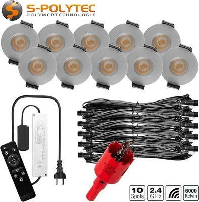 Produktbild von S-Polylight PREMIUM Mini LED- Einbauspots Kaltweiß 6.000K, DIMMBAR, IP65, FUNK 3W LED Einbaustrahler Terrassenüberdachung, Terrassenbeleuchtung, Bad, Sauna, LED Spots mit Fernbedienung (SILBER, 10x LED-SET)