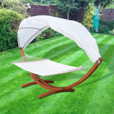 Zdjęcie produktu dla Hamak TolleTour ze stelażem 210 x 150 cm, nośność do 200 kg, z daszkiem, hamak ogrodowy, leżak wiszący, stelaż z litego drewna, huśtawka wisząca
