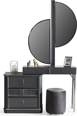 Produktbild von Casa Padrino Luxus Schlafzimmer Schminktisch Set Grau / Silber - 1 Schminkkommode mit Spiegel & 1 Hocker - Luxus Schlafzimmer Möbel