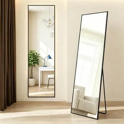 Produktbild von INONEFT Ganzkörperspiegel, 140 x 40 cm, rechteckiger Standspiegel, Rahmen aus Aluminiumlegierung, Hartglas, quadratische Ecke, Schwarz