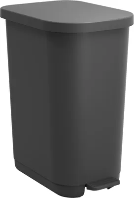 A dark gray pedal trash can is shown against a white background.