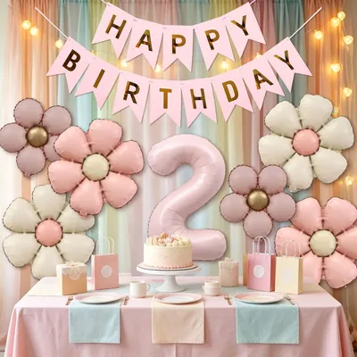 Produktbild von Geburtstagsballon-Set - Gänseblümchen-Motive mit "Happy Birthday"-Banner - Rosa