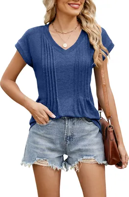 Image de ASKSA Femme Col V T-shirt Casual Manches Courtes Plissé Tunique Top Blouse Libre Elégant Hauts d'Eté (Bleu Foncé,S)