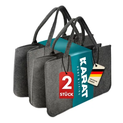 Three gray felt tote bags are displayed side-by-side, with a teal insert showing branding and product information.