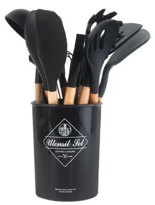 Obrázek produktu pro Sada 12 kuchyňských nástrojů ze silikonu, včetně nerezových vařeček, obraceček, lžic a kleští. Odolné proti poškrábání, bez BPA, odolné vůči teplu až do 230°C
