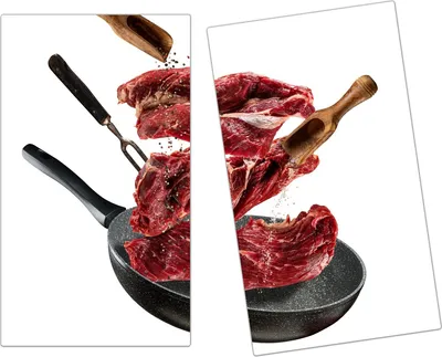 Produktbild von Spritzschutz Herdabdeckplatte Schneidebrett aus Glas Steak auf Pfanne 2-Teilig (60x52cm)