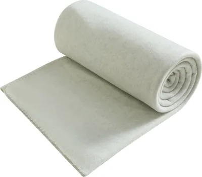 A rolled-up light gray fleece blanket is shown on a white background.