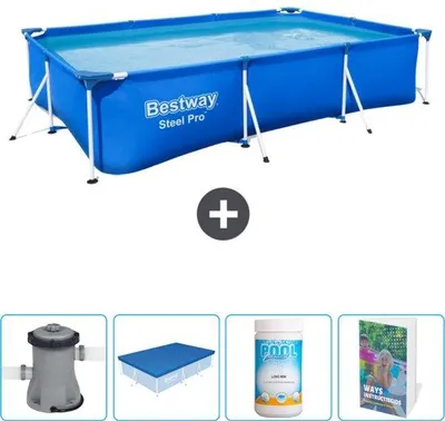 Produktbild von Rechteckiges Stahl-Pro-Schwimmbad - 300 x 201 x 66 cm - Blau - Inklusive Pumpe - Abdeckvorhang - Chlor - Schwimmbadhandbuch
