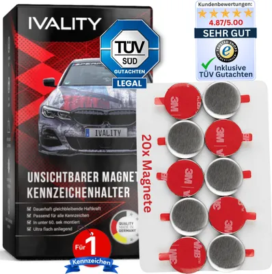 Produktbild von IVALITY® 100% Clean Magnetischer Kennzeichen-Halter hinter der Stoßstange - Rahmenloser Magnet-Halter für 1x Kennzeichen Auto Nummernschild-Halterung