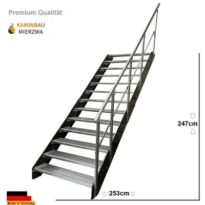 A metal staircase with a railing and grated steps, shown against a white background with dimensions indicated.