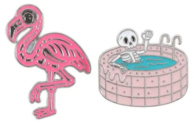 Image de Something Different - Insigne « Dead Cool » représentant un squelette de flamant rose, émail SD10976 (taille unique) (rose/blanc/bleu)