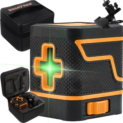 A product shot of a green laser leveler with its accessories and carrying case.