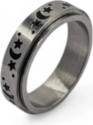 Produktbild von Anti Stress Fidget Ring Mond 2 Sterne Anxiety Ring US 8 Silber-Schwarz