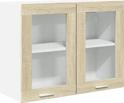 A white cabinet with two glass doors and wood-effect frames.