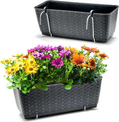 Produktbild von BigDean 2er Set Blumenkästen für Balkon-Geländer - Rattan-Optik - Anthrazit - Balkonkästen mit Metall-Halterung - 39 x 15,5 x 14 cm - inkl.