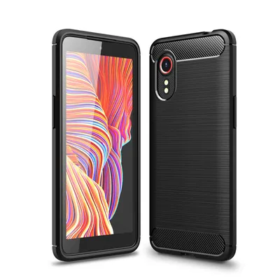 A black phone case is shown next to a smartphone with a colorful wallpaper.