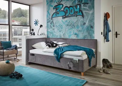 Produktbild von Meise Möbel Kinderbett FUN 90x200 cm | Polsterliege | Bettkasten & Lattenrost | Webstoff Grau | Holzfuß eichefarbig