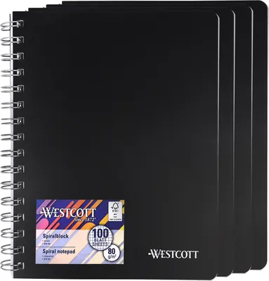 Produktbild von Westcott Spiralblock Notizbuch A5 kariert 4 Stück | 200 Seiten Ringbuch A5 perforiert mit Premium 80 g/m² Papier | Notizblock mit Spiralbindung | Collegeblock im Kunststoffcover | E-730891 00