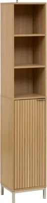 A tall, narrow wooden cabinet with three open shelves on top and a fluted door below, standing on metal legs.