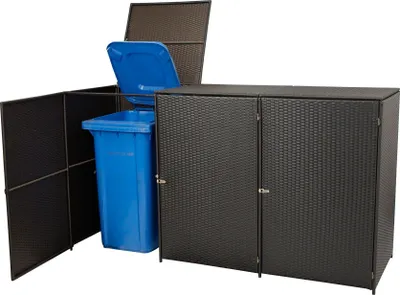 Produktbild von Mülltonnenbox für 3 Tonnen bis 120L. Aus Stahl und Polyrattan mocca