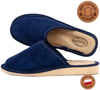 Immagine prodotto di Scarpe da casa da donna, in pelle scamosciata, blu scuro, artigianali, chiuse, taglia 40