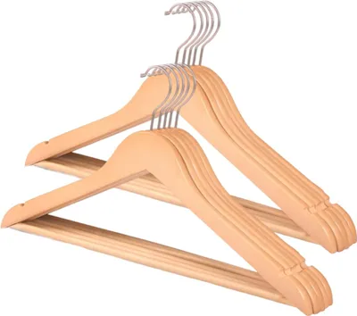 Produktbild von CRW001-10 Massivholz-Kleiderbügel 10er Set mit Einkerbungen im Schulterbereich, rutschfester Hosensteg, 360° drehbarer Haken für Anzüge, Hemden, Naturfarben, Silber