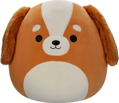 A plush toy dog is shown against a white background.