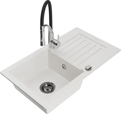 Produktbild von Mexen Pablo 1 Becken-Granitspüle mit Abtropffläche und Mischbatterie Aster, Weiß - 6510-20-73450-07-B