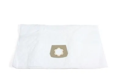 A white vacuum cleaner bag with a tan cardboard connector is shown against a white background.