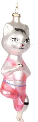 Zdjęcie produktu dla BRUBAKER Yoga Cat - ręcznie malowana szklana bombka choinkowa - figurka ozdoba choinkowa zabawna zawieszka bombka choinkowa - różowo-srebrna - 14,5 cm