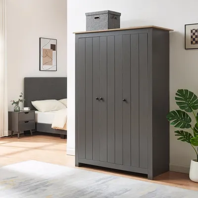 Produktbild von Kleiderschrank 'Vasand' mit 3 Türen 2 Kleiderstangen und 3 Fächern 175 x 120 x 52 cm Grau/Eicheoptik