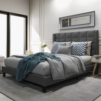 Produktbild von Polsterbett mit Lattenrost, 140x200 cm, gepolsterter Kopfteil mit seitlichen Ohren, Bezug aus Leinen, Doppelbett